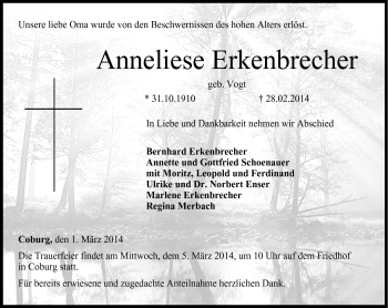 Traueranzeige von Anneliese Erkenbrecher von Neue Presse Coburg