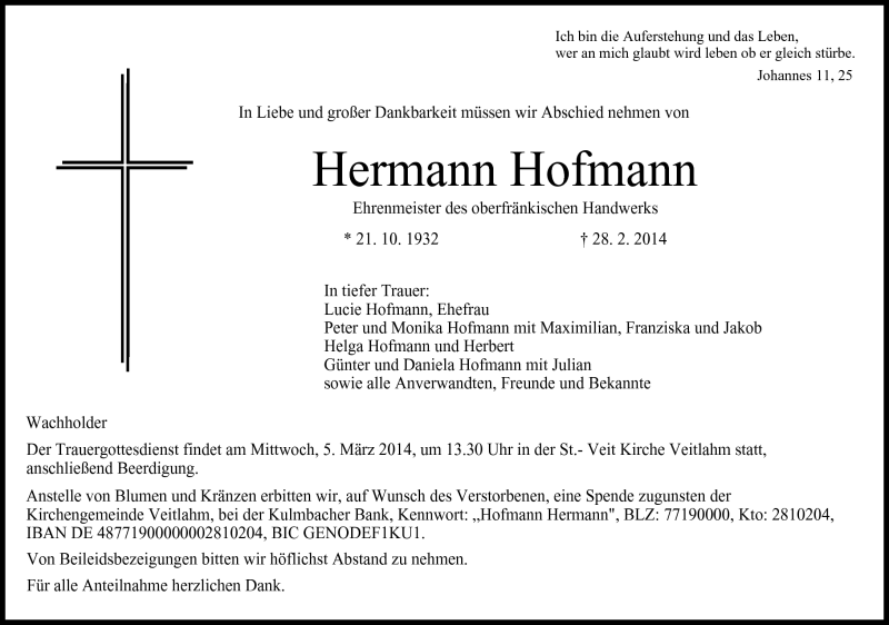  Traueranzeige für Hermann Hofmann vom 03.03.2014 aus Frankenpost