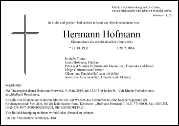 Traueranzeige von Hermann Hofmann von Frankenpost