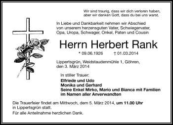 Traueranzeige von Herbert Rank von Frankenpost