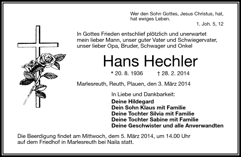  Traueranzeige für Hans Hechler vom 03.03.2014 aus Frankenpost