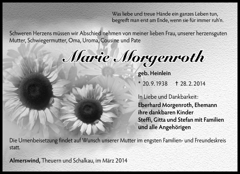  Traueranzeige für Marie Morgenroth vom 05.03.2014 aus Südthüringer Presse