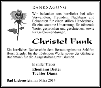 Traueranzeige von Christel Funk von Südthüringer Presse