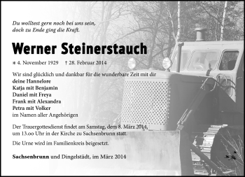 Traueranzeige von Werner Steinerstauch von Südthüringer Presse