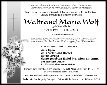Traueranzeige von Waltraud Maria Wolf von Südthüringer Presse