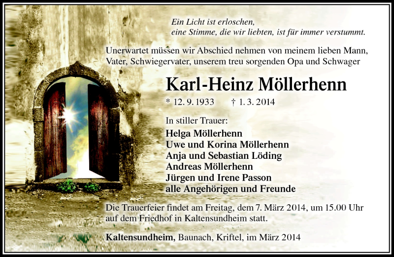  Traueranzeige für Karl-Heinz Möllerhenn vom 04.03.2014 aus Südthüringer Presse