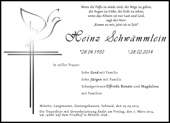 Traueranzeige von Heinz Schwämmlein von Neue Presse Coburg