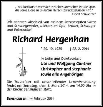 Traueranzeige von Richard Hergenhan von Südthüringer Presse