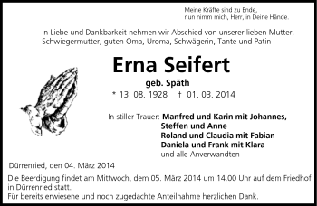 Traueranzeige von Erna Seifert von Neue Presse Coburg