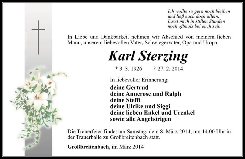  Traueranzeige für Karl Sterzing vom 05.03.2014 aus Südthüringer Presse