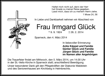 Traueranzeige von Irmgard Glück von Frankenpost