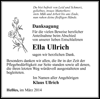 Traueranzeige von Ella Ullrich von Südthüringer Presse