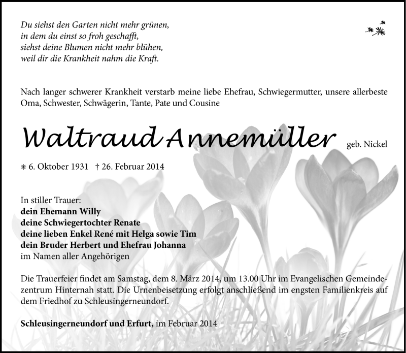  Traueranzeige für Waltraud Annemüller vom 04.03.2014 aus Südthüringer Presse