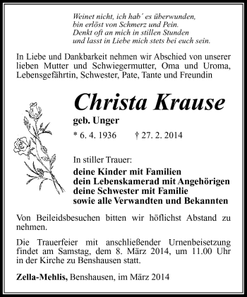 Traueranzeige von hrista Krause von Südthüringer Presse