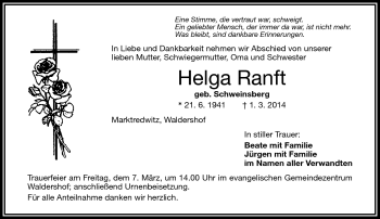 Traueranzeige von Helga Ranft von Frankenpost