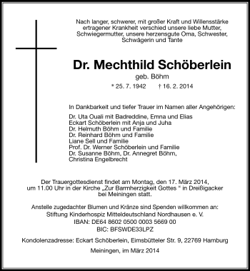 Traueranzeige von Mechthild Schöberlein von Südthüringer Presse