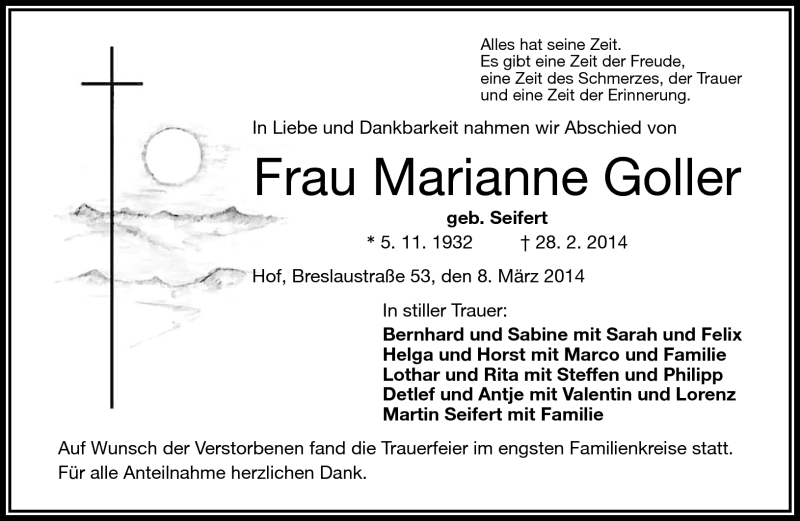  Traueranzeige für Marianne Goller vom 08.03.2014 aus Frankenpost