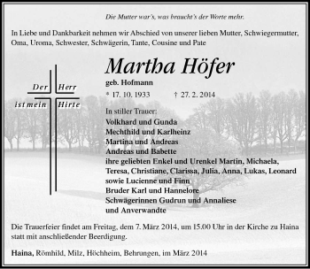 Traueranzeige von Martha Höfer von Südthüringer Presse