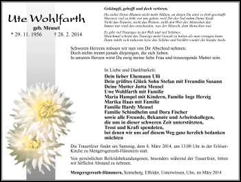 Traueranzeige von Ute Wohlfarth von Südthüringer Presse