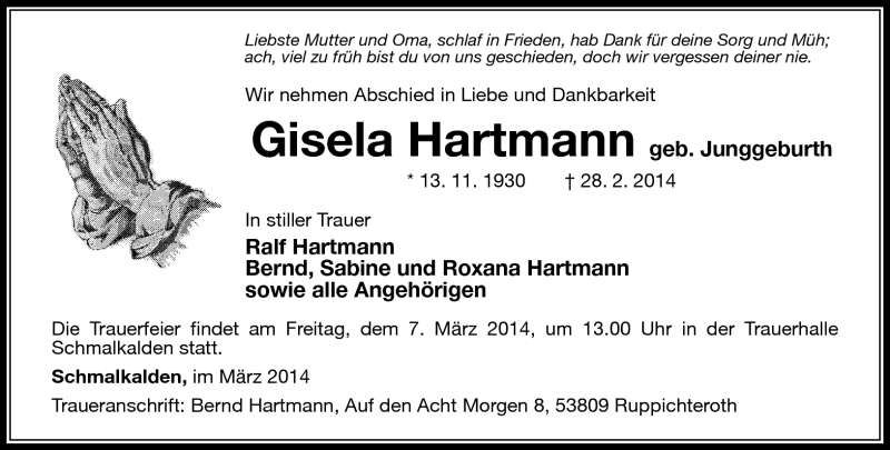  Traueranzeige für Gisela Hartmann vom 05.03.2014 aus Südthüringer Presse