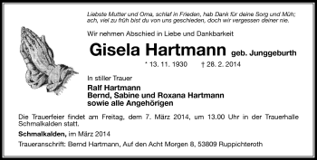 Traueranzeige von Gisela Hartmann von Südthüringer Presse