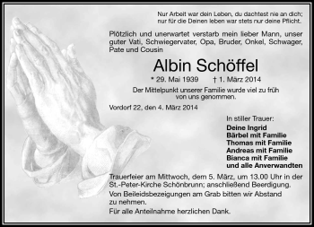 Traueranzeige von Albin Schöffel von Frankenpost