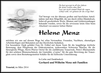 Traueranzeige von Helene Menz von Südthüringer Presse