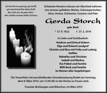 Traueranzeige von Gerda Storch von Südthüringer Presse