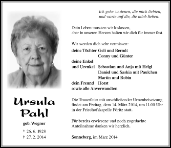 Traueranzeige von Ursula Pahl von Südthüringer Presse