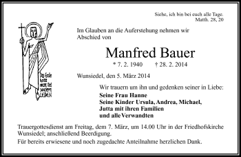 Traueranzeige von Manfred Bauer von Frankenpost