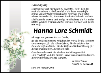 Traueranzeige von Hanna Lore Schmidt von Südthüringer Presse