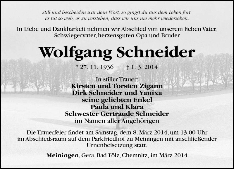  Traueranzeige für Wolfgang Schneider vom 04.03.2014 aus Südthüringer Presse