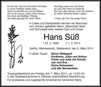 Traueranzeige von Hans Süß von Frankenpost
