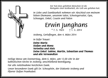 Traueranzeige von Erwin Junghans von Frankenpost