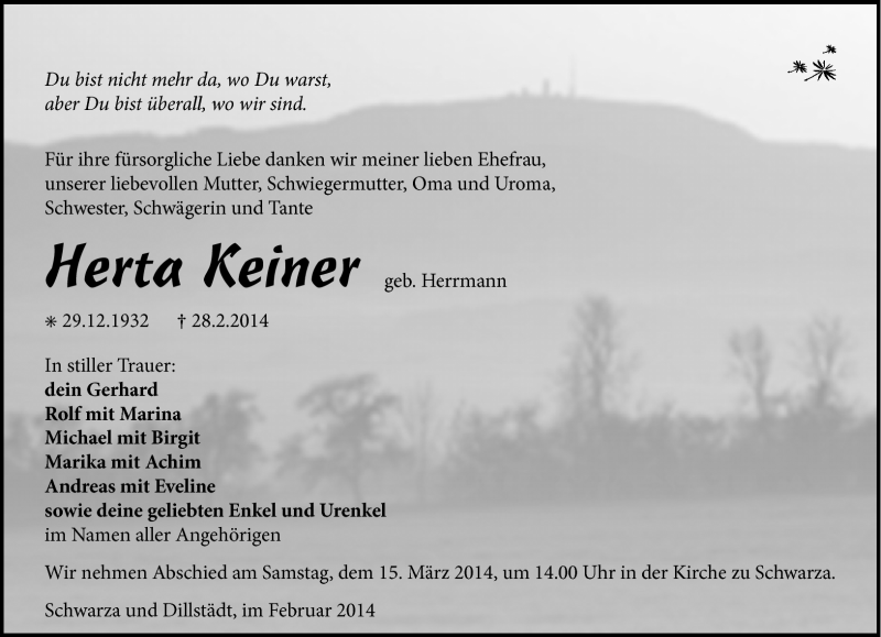  Traueranzeige für Herta Keiner vom 08.03.2014 aus Südthüringer Presse