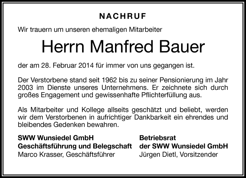  Traueranzeige für Manfred Bauer vom 05.03.2014 aus Frankenpost