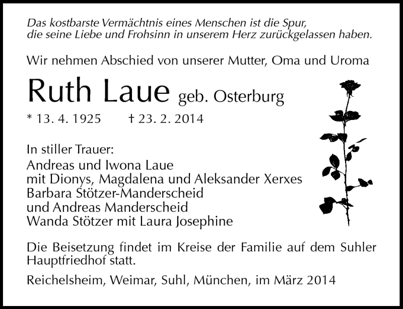  Traueranzeige für Ruth Laue vom 08.03.2014 aus Südthüringer Presse