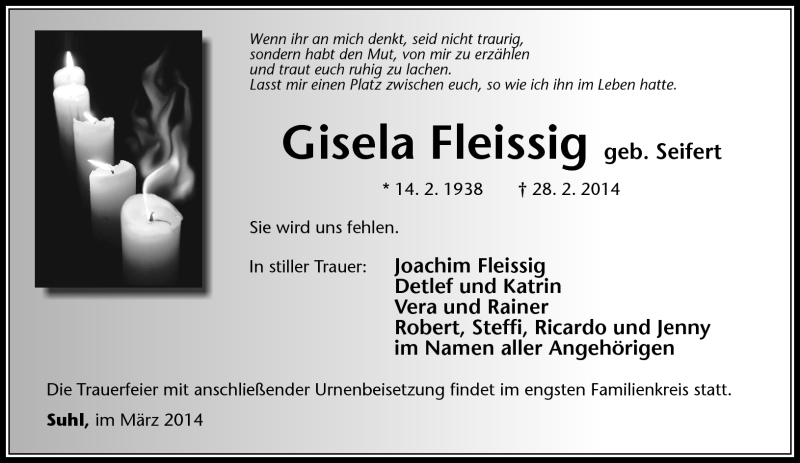 Traueranzeige für Gisela Fleissig vom 08.03.2014 aus Südthüringer Presse