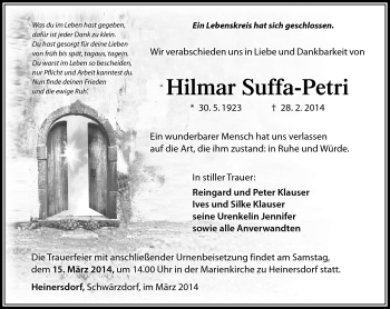 Traueranzeige von Hilmar Suffa-Petri von Südthüringer Presse