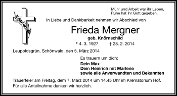 Traueranzeige von Frieda Mergner von Frankenpost