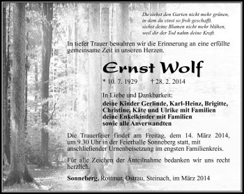 Traueranzeige von Ernst Wolf von Südthüringer Presse