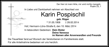 Traueranzeige von Karin Pospischil von Frankenpost