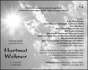 Traueranzeige von Hartmut Wehner von Südthüringer Presse