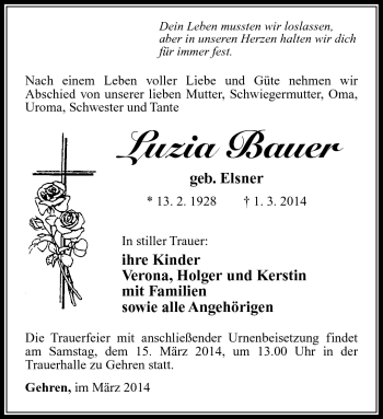 Traueranzeige von Luzia Bauer von Südthüringer Presse
