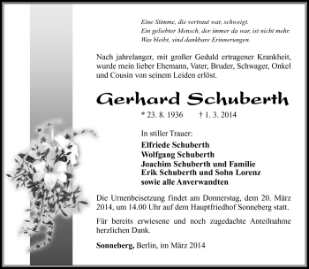 Traueranzeige von Gerhard Schuberth von Südthüringer Presse