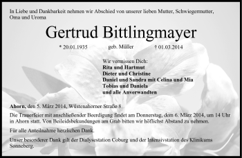 Traueranzeige von Gertrud Bittlingmayer von Neue Presse Coburg