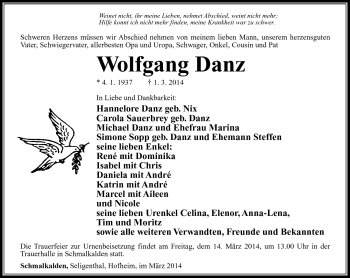Traueranzeige von Wolfgang Danz von Südthüringer Presse