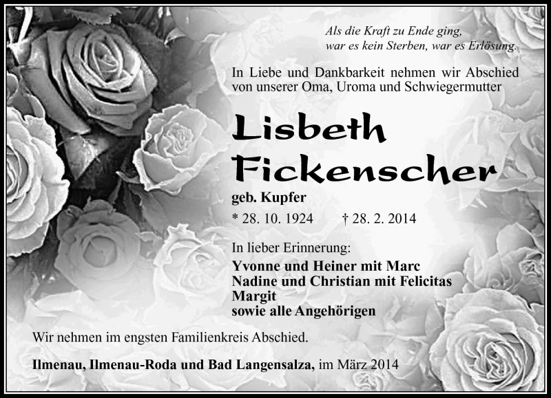  Traueranzeige für Lisbeth Fickenscher vom 08.03.2014 aus Südthüringer Presse