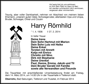 Traueranzeige von Harry Römhild von Südthüringer Presse