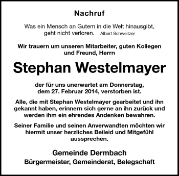 Traueranzeige von Stephan Westelmayer von Südthüringer Presse